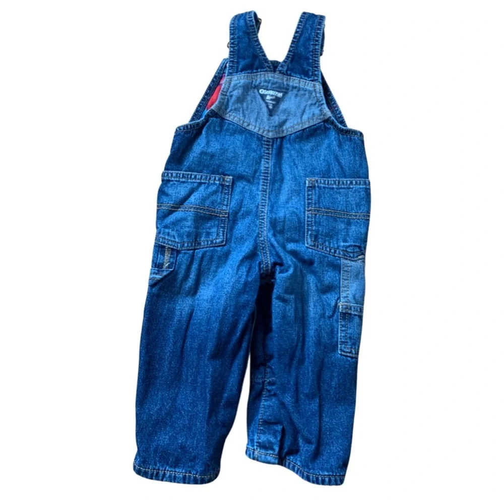 Oshkosh B’gosh Vestbak denim flannel red overalls, size 12 months